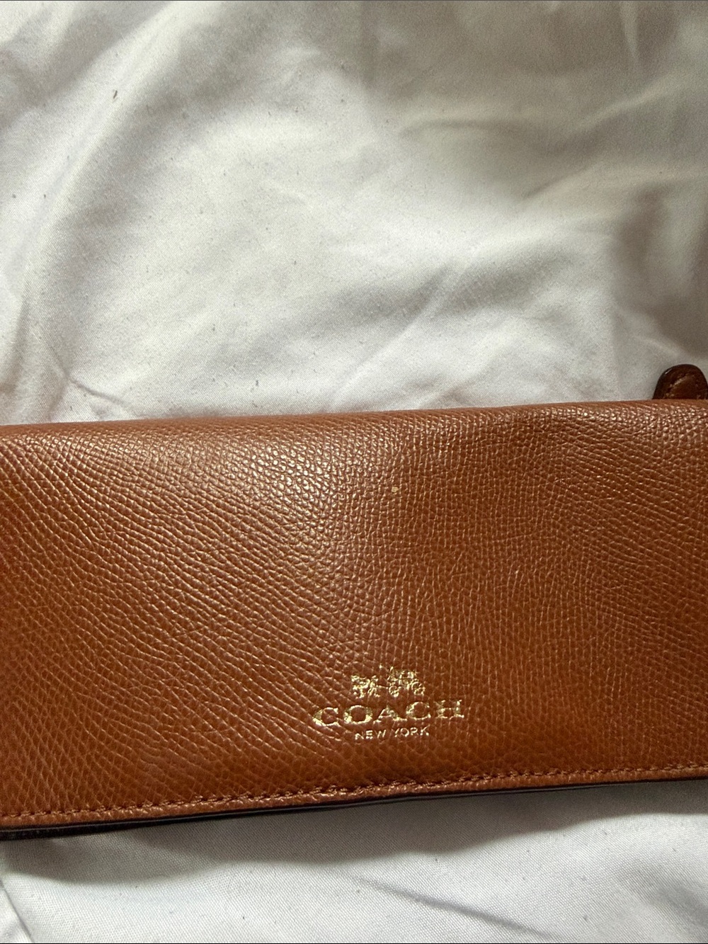 Coach Tan Pebbled Leather Zip Wallet with Gold Logo